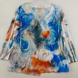 Impulse California size XL Blue Orange Sequins V neck Stretch Artsy Boho Top